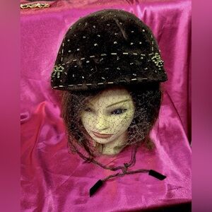 Vintage Dark Brown Velvet Beret Hat MCM Chez Original with Gold Beads & Netting